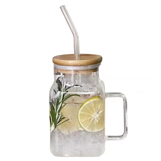 Transparent Glass Square Cup With Straw Glass With Lid Mug