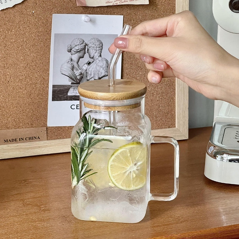 Transparent Glass Square Cup With Straw Glass With Lid Mug