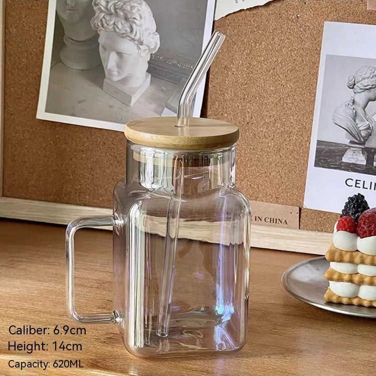 Transparent Glass Square Cup With Straw Glass With Lid Mug