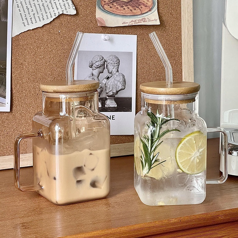 Transparent Glass Square Cup With Straw Glass With Lid Mug