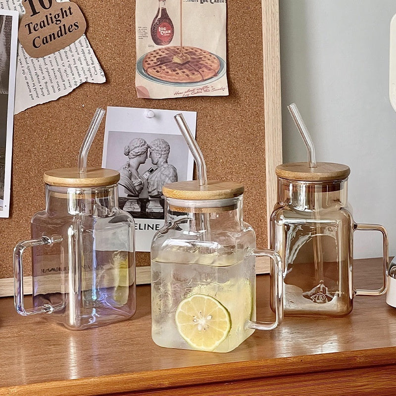 Transparent Glass Square Cup With Straw Glass With Lid Mug