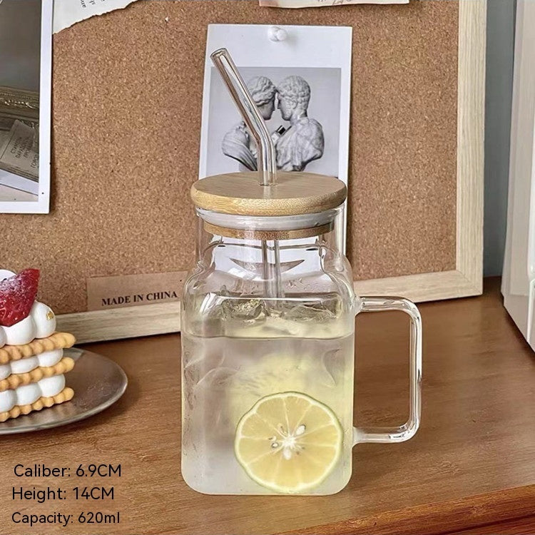 Transparent Glass Square Cup With Straw Glass With Lid Mug